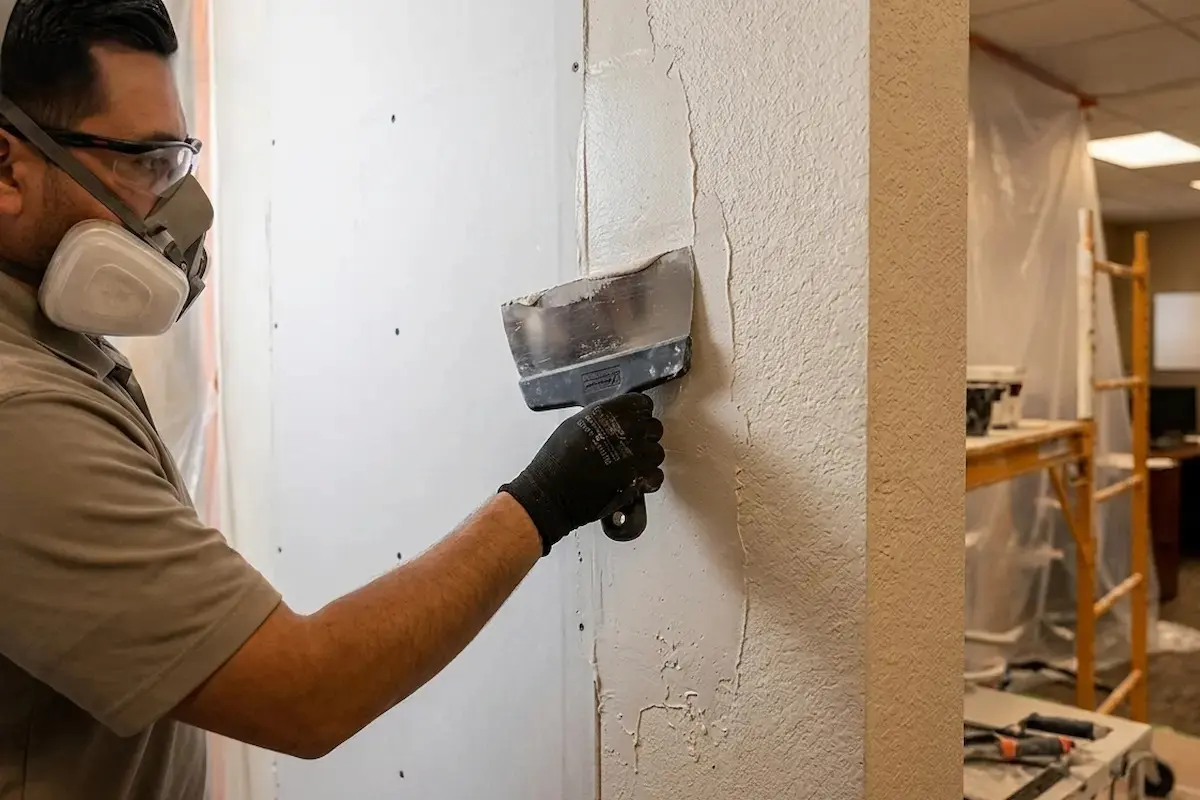 Drywall professional applying joint compound during wallboard reconstruction and water damage repair in Phoenix.